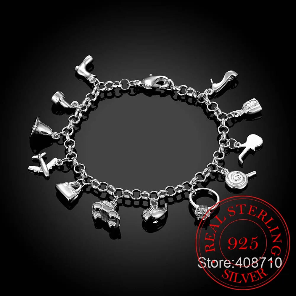 Pretty Bracelets 925 Sterling Silver AAA Zircon Crystal Bracelets 12 Pendants Charms Bangles For Woman New Fine Jewelry